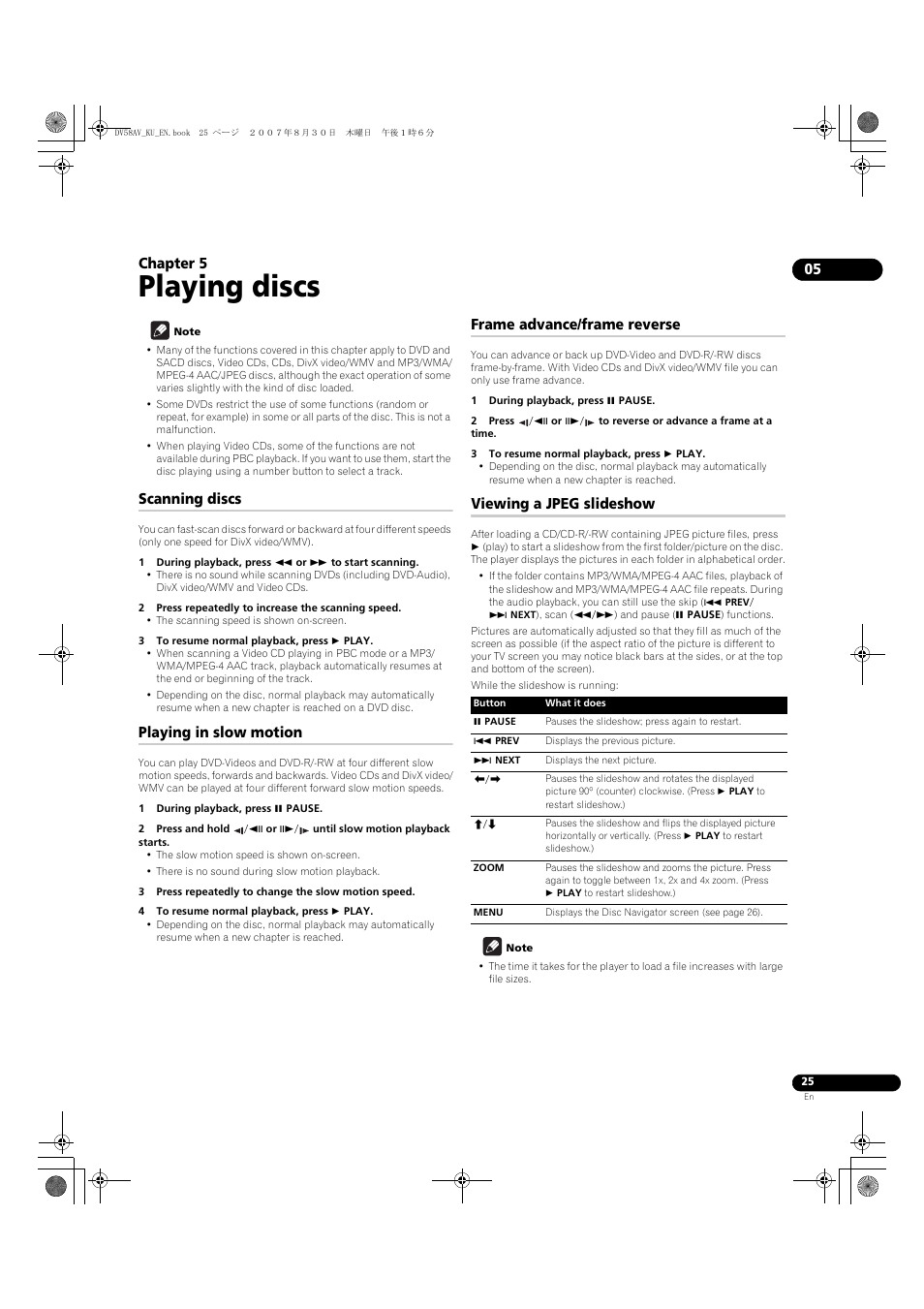 05 playing discs, Scanning discs, Playing in slow motion | Frame advance/frame reverse, Viewing a jpeg slideshow, Playing discs, Chapter 5 | Pioneer DV58AV_KU_EN User Manual | Page 25 / 48