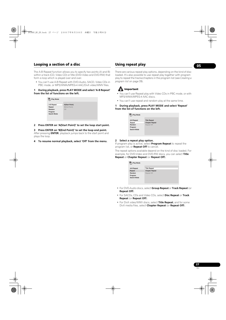 Looping a section of a disc, Using repeat play | Pioneer DV58AV_KU_EN User Manual | Page 27 / 48