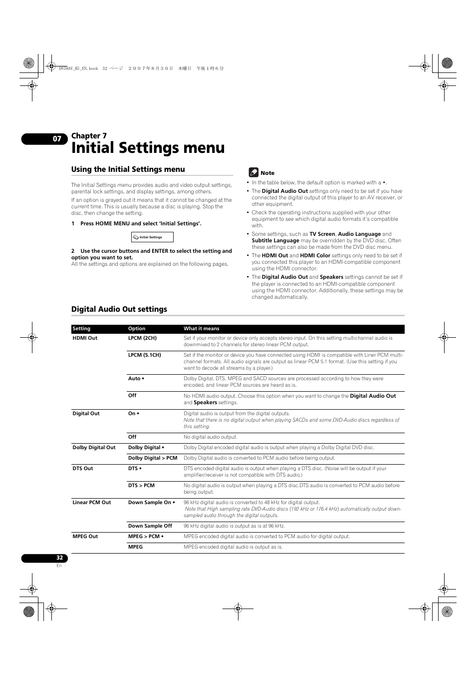 07 initial settings menu, Using the initial settings menu, Digital audio out settings | Initial settings menu, Chapter 7 | Pioneer DV58AV_KU_EN User Manual | Page 32 / 48