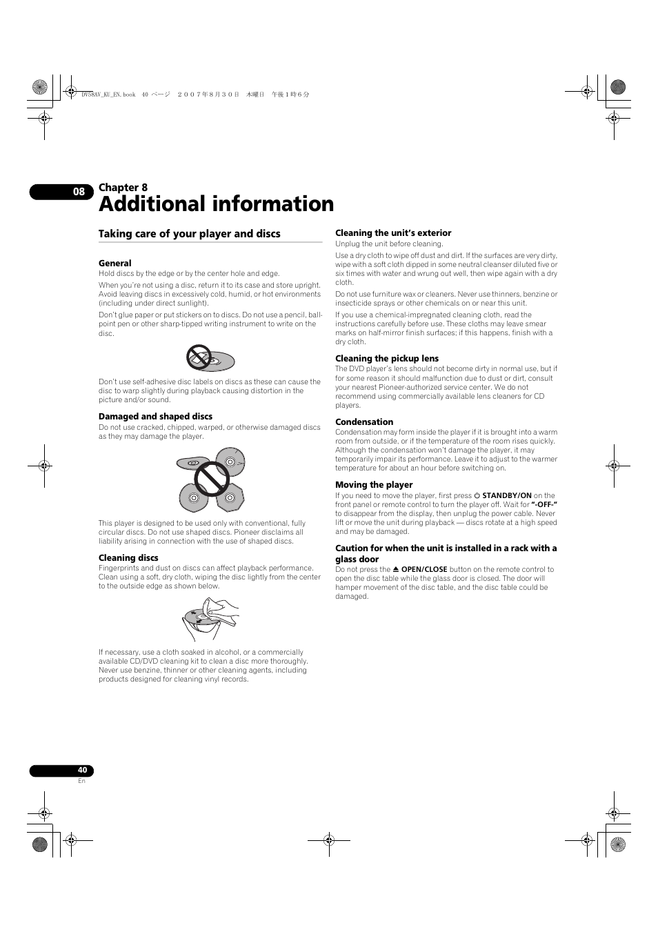 08 additional information, Taking care of your player and discs, Additional information | Pioneer DV58AV_KU_EN User Manual | Page 40 / 48