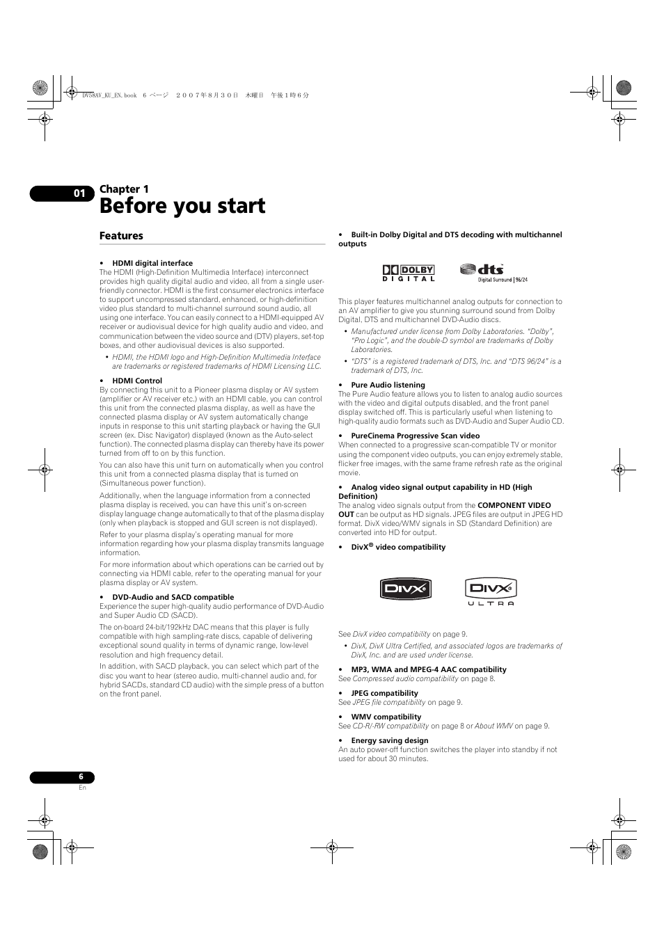 01 before you start, Features, Before you start | Chapter 1 | Pioneer DV58AV_KU_EN User Manual | Page 6 / 48