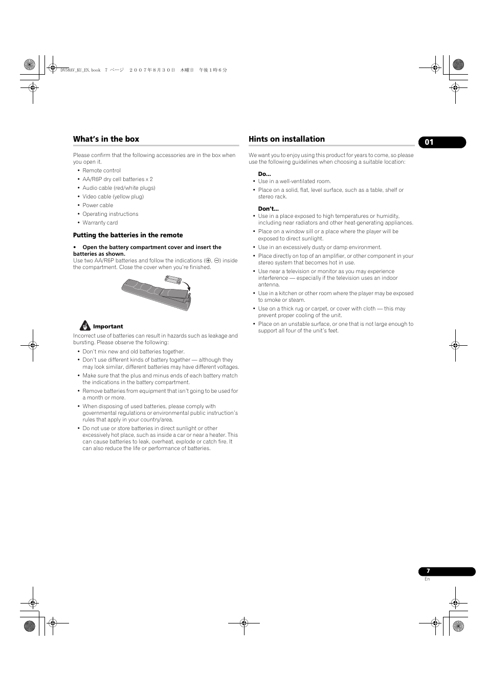 What’s in the box, Hints on installation | Pioneer DV58AV_KU_EN User Manual | Page 7 / 48