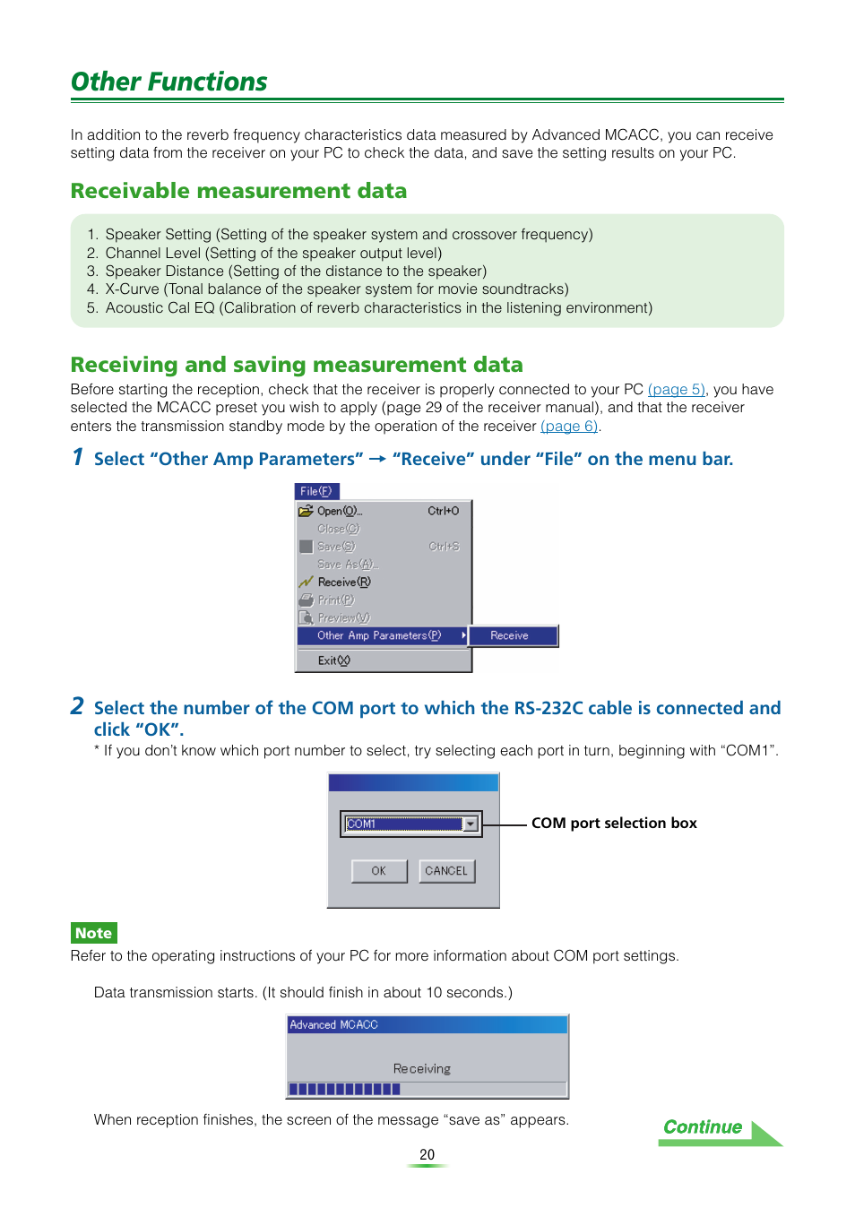 Receives various data, Other functions, Receivable measurement data | Receiving and saving measurement data | Pioneer VSX-9120TXH-K User Manual | Page 20 / 30