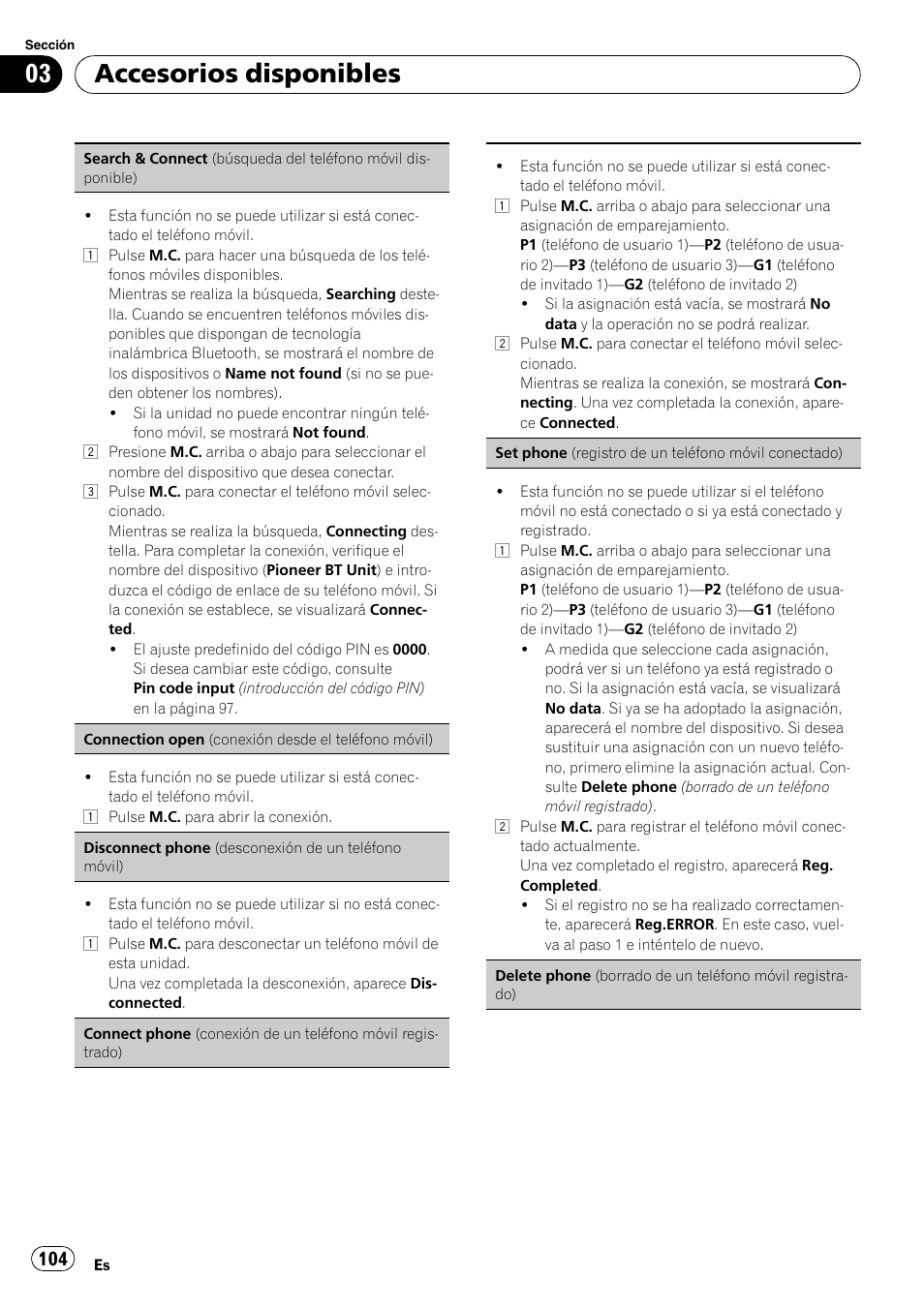 Set phone (registro de un teléfo, Accesorios disponibles | Pioneer DEH P7200HD User Manual | Page 104 / 117