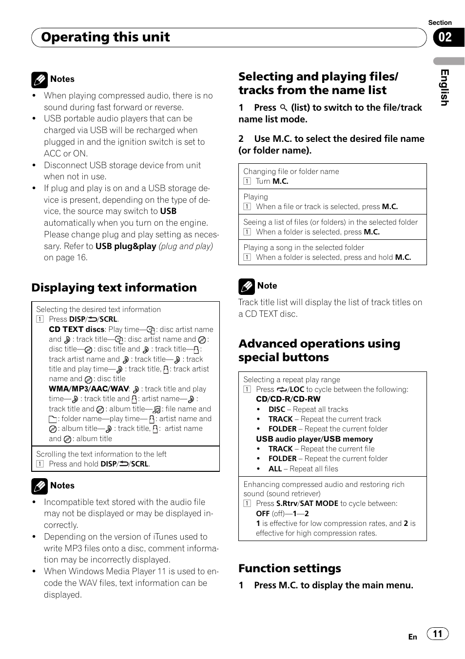 Displaying text information 11, Selecting and playing files/tracks from, The name list | Advanced operations using special, Buttons, Function settings 11, Operating this unit, Displaying text information, Advanced operations using special buttons, Function settings | Pioneer DEH P7200HD User Manual | Page 11 / 117
