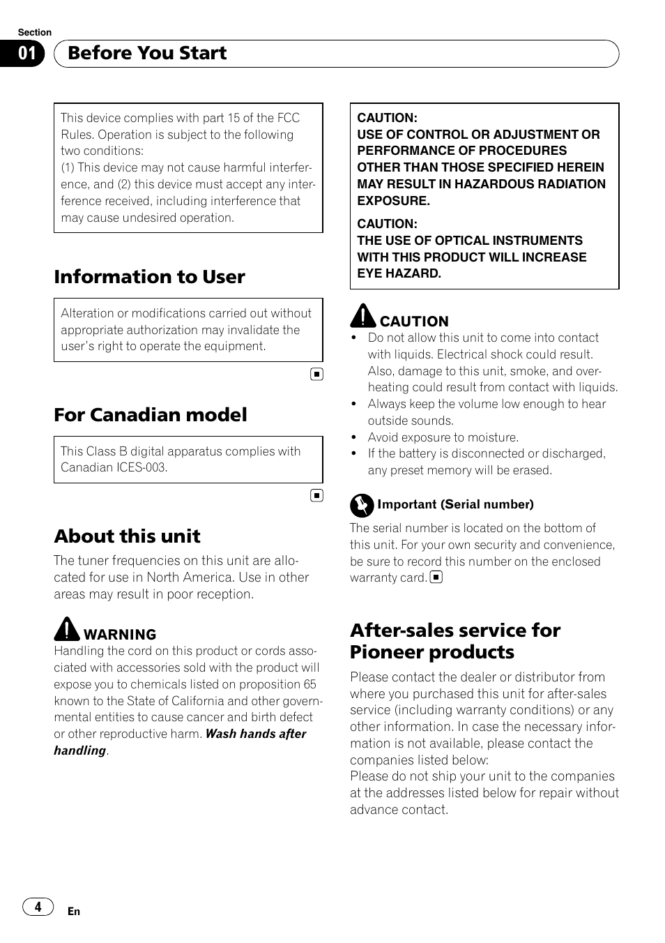 Before you start, Information to user, For canadian model | About this unit, After-sales service for pioneer products | Pioneer DEH P7200HD User Manual | Page 4 / 117