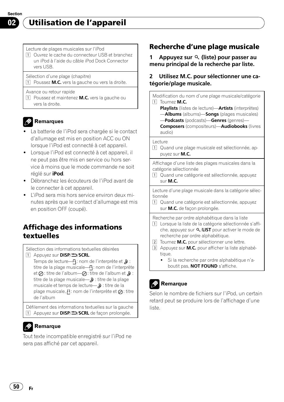 Affichage des informations, Textuelles, Recherche d’une plage musicale 50 | Utilisation de l ’appareil, Affichage des informations textuelles, Recherche d ’une plage musicale | Pioneer DEH P7200HD User Manual | Page 50 / 117