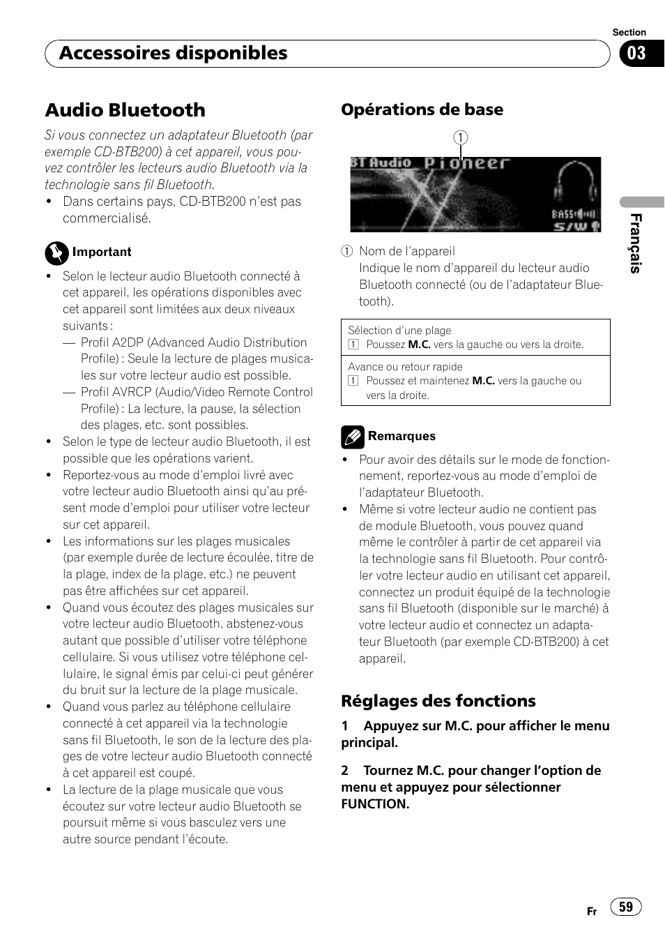 Accessoires disponibles audio bluetooth, Opérations de base 59, Réglages des fonctions 59 | Audio bluetooth, Accessoires disponibles, Opérations de base, Réglages des fonctions | Pioneer DEH P7200HD User Manual | Page 59 / 117