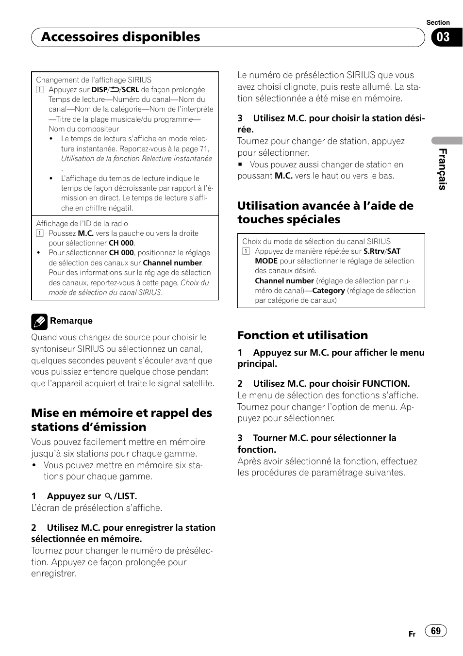 Mise en mémoire et rappel des stations, Émission 69, Utilisation avancée à l’aide de touches | Spéciales, Fonction et utilisation 69, Accessoires disponibles, Mise en mémoire et rappel des stations d ’émission, Utilisation avancée à l ’aide de touches spéciales, Fonction et utilisation | Pioneer DEH P7200HD User Manual | Page 69 / 117