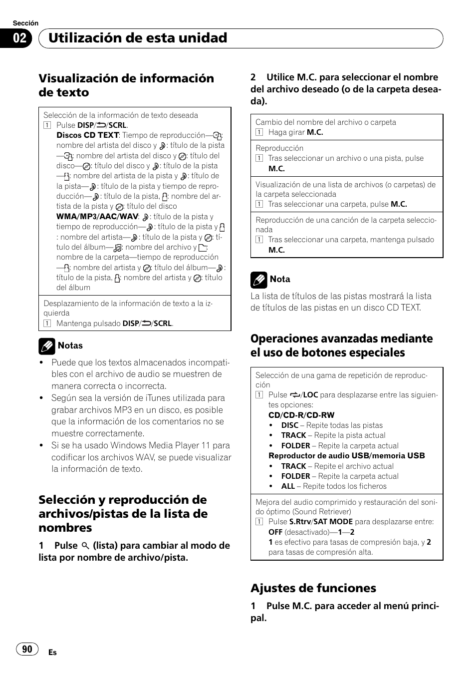 Visualización de información de, Texto, Selección y reproducción de archivos | Pistas de la lista de nombres, Operaciones avanzadas mediante el, Uso de botones especiales, Ajustes de funciones 90, Utilización de esta unidad, Visualización de información de texto, Ajustes de funciones | Pioneer DEH P7200HD User Manual | Page 90 / 117