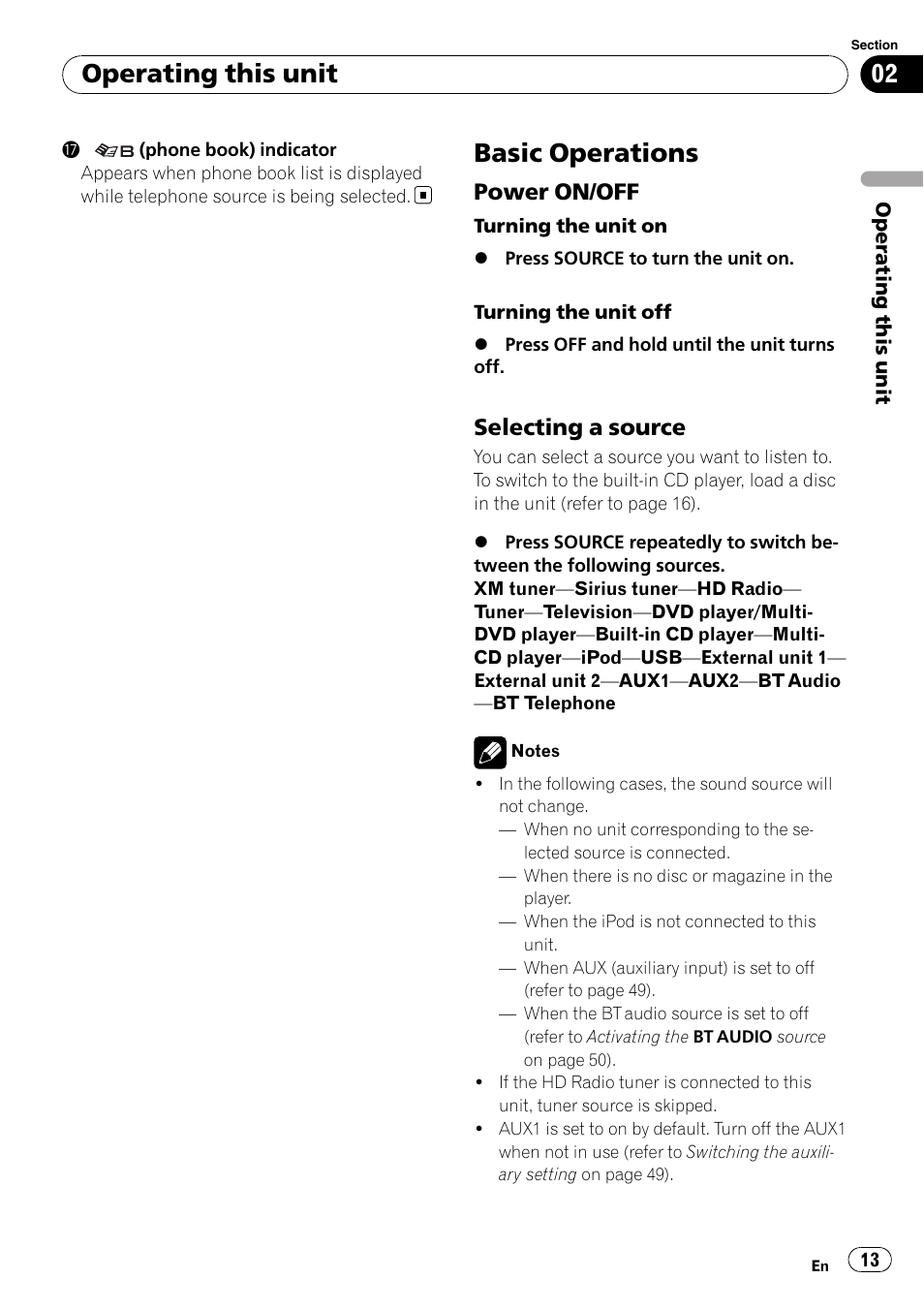 Basic operations, Power on/off 13, Selecting a source 13 | Operating this unit, Power on/off, Selecting a source | Pioneer SUPER TUNER III D FH-P8000BT User Manual | Page 13 / 80