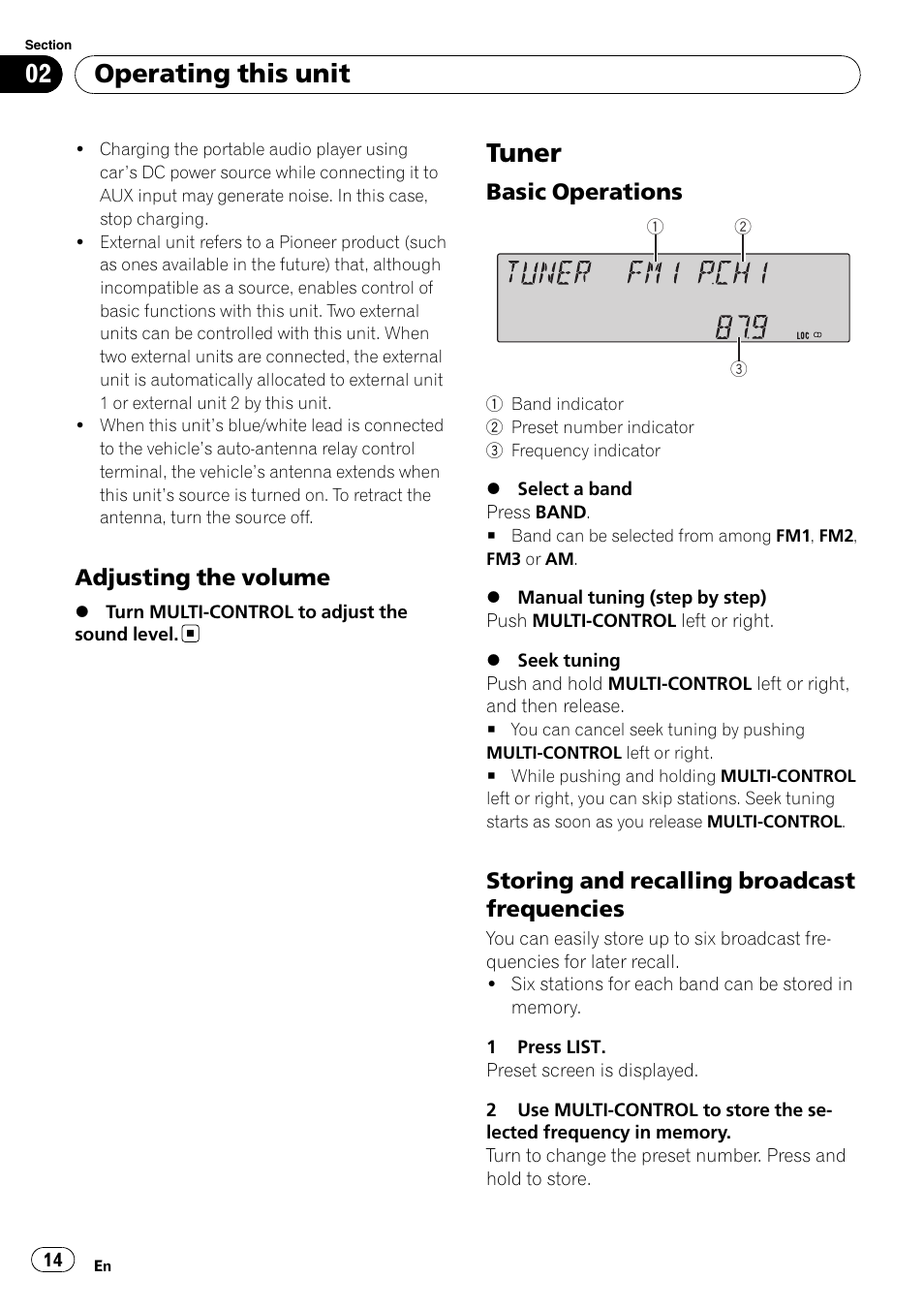 Adjusting the volume 14, Tuner, Basic operations 14 | Storing and recalling broadcast, Frequencies, Operating this unit, Adjusting the volume, Basic operations, Storing and recalling broadcast frequencies | Pioneer SUPER TUNER III D FH-P8000BT User Manual | Page 14 / 80