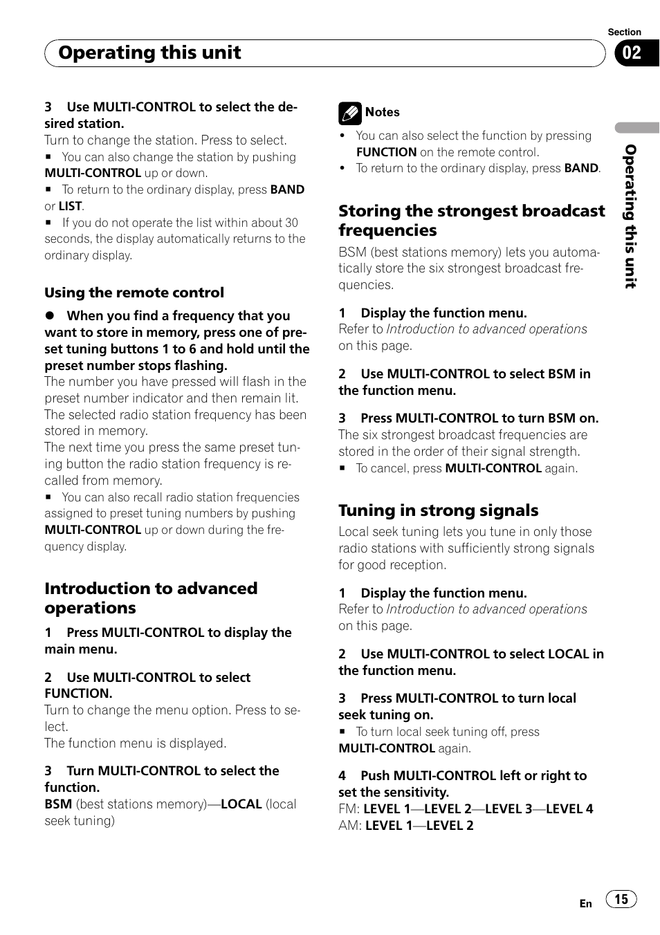 Introduction to advanced, Operations, Storing the strongest broadcast | Frequencies, Tuning in strong signals 15, Operating this unit, Introduction to advanced operations, Storing the strongest broadcast frequencies, Tuning in strong signals | Pioneer SUPER TUNER III D FH-P8000BT User Manual | Page 15 / 80