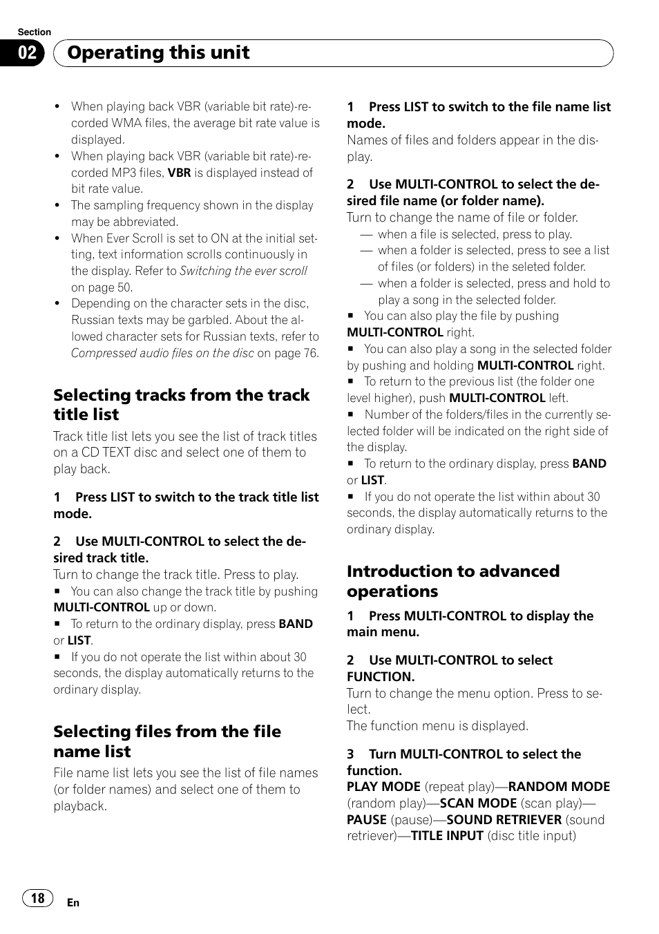 Selecting tracks from the track title, List, Selecting files from the file name | Introduction to advanced, Operations, Operating this unit, Selecting tracks from the track title list, Selecting files from the file name list, Introduction to advanced operations | Pioneer SUPER TUNER III D FH-P8000BT User Manual | Page 18 / 80