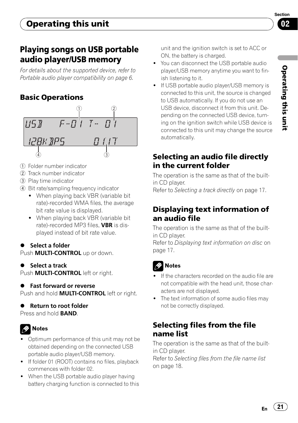 Playing songs on usb portable audio player, Usb memory, Basic operations 21 | Selecting an audio file directly in the, Current folder, Displaying text information of an audio, File, Selecting files from the file name, List, Operating this unit | Pioneer SUPER TUNER III D FH-P8000BT User Manual | Page 21 / 80