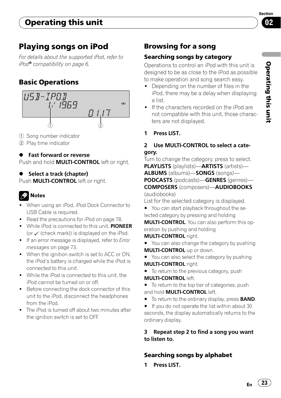 Playing songs on ipod, Basic operations 23, Browsing for a song 23 | Operating this unit, Basic operations, Browsing for a song | Pioneer SUPER TUNER III D FH-P8000BT User Manual | Page 23 / 80