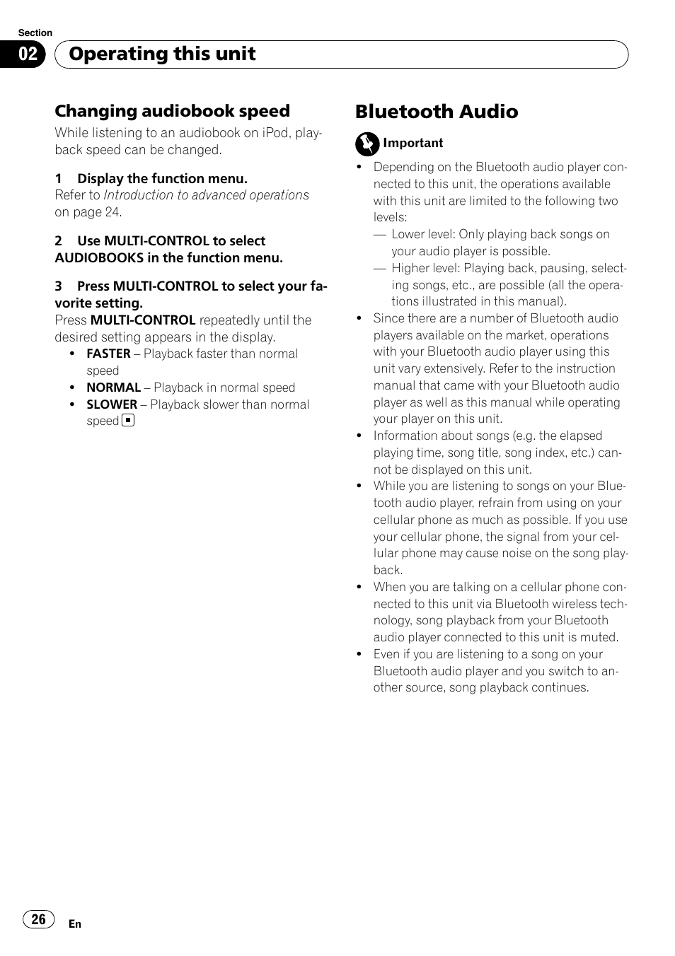 Changing audiobook speed 26, Bluetooth audio, Operating this unit | Changing audiobook speed | Pioneer SUPER TUNER III D FH-P8000BT User Manual | Page 26 / 80