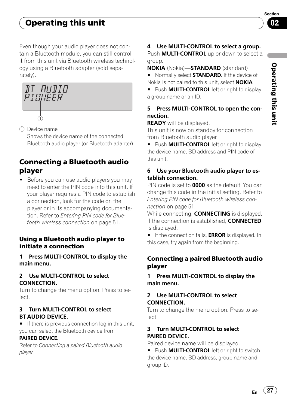 Connecting a bluetooth audio, Player, Operating this unit | Connecting a bluetooth audio player | Pioneer SUPER TUNER III D FH-P8000BT User Manual | Page 27 / 80