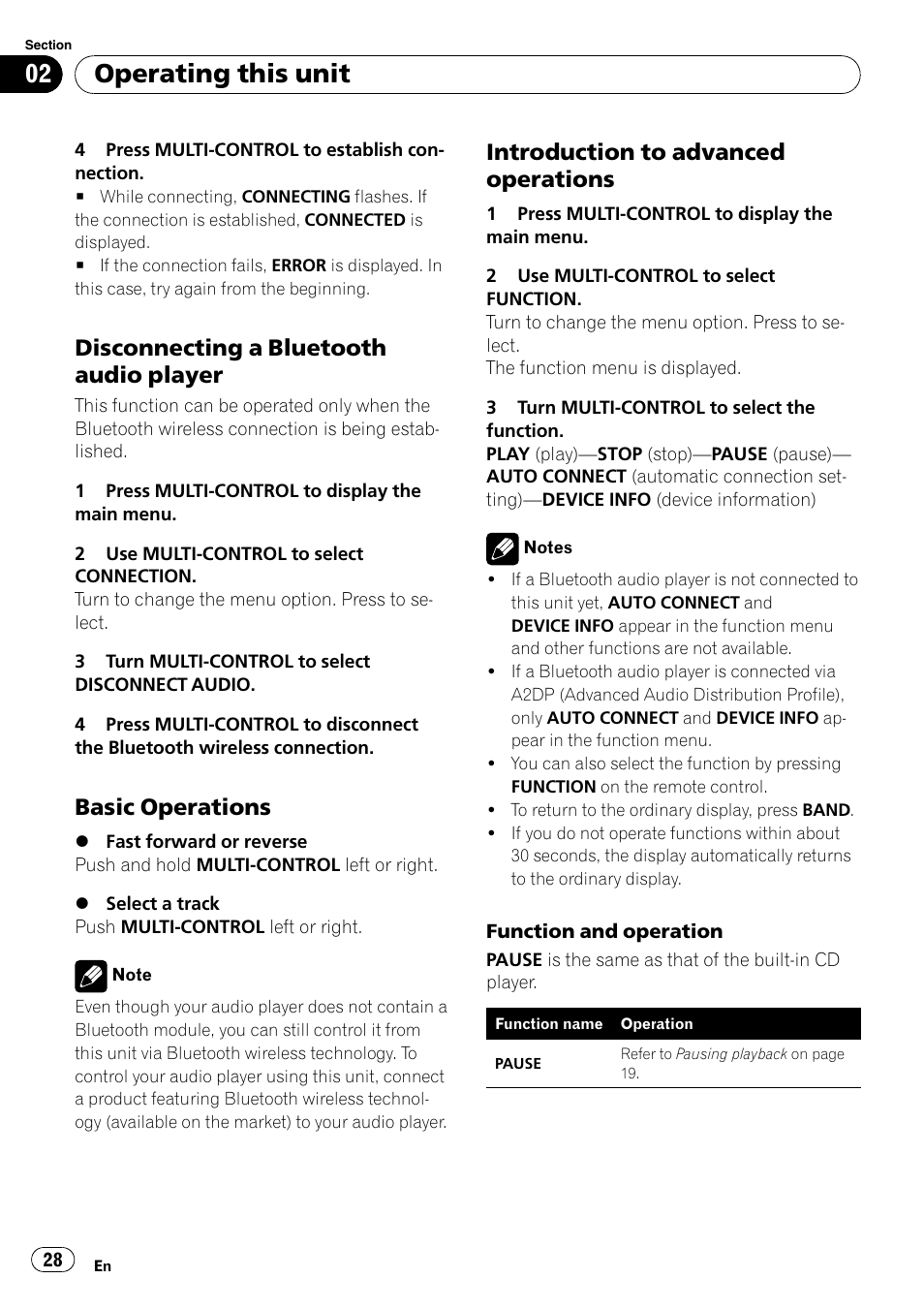 Disconnecting a bluetooth audio, Player, Basic operations 28 | Introduction to advanced, Operations, Operating this unit, Disconnecting a bluetooth audio player, Basic operations, Introduction to advanced operations | Pioneer SUPER TUNER III D FH-P8000BT User Manual | Page 28 / 80