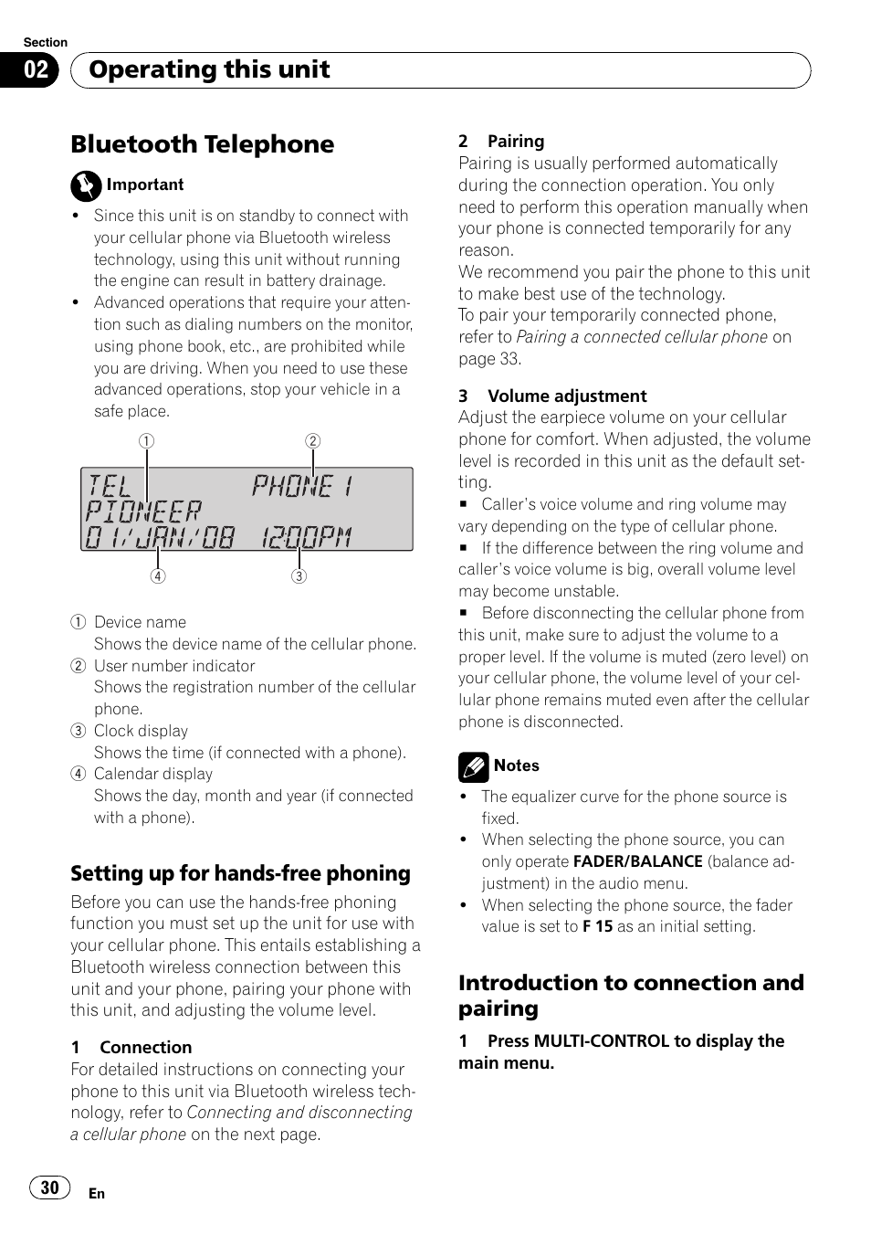 Bluetooth telephone, Setting up for hands-free phoning 30, Introduction to connection and | Pairing, Operating this unit, Setting up for hands-free phoning, Introduction to connection and pairing | Pioneer SUPER TUNER III D FH-P8000BT User Manual | Page 30 / 80