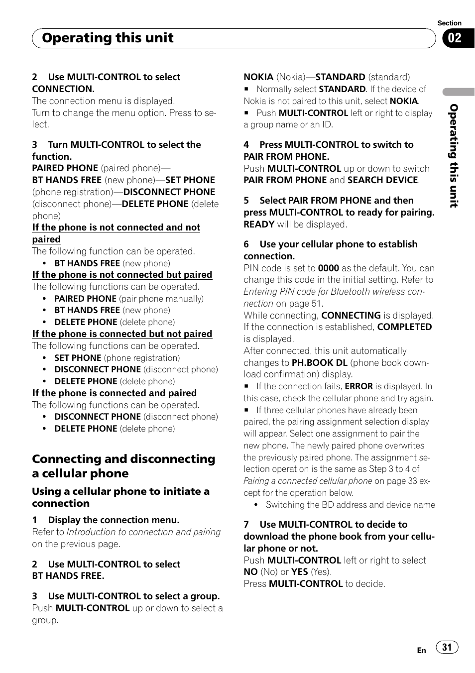 Connecting and disconnecting a, Cellular phone, Operating this unit | Connecting and disconnecting a cellular phone | Pioneer SUPER TUNER III D FH-P8000BT User Manual | Page 31 / 80