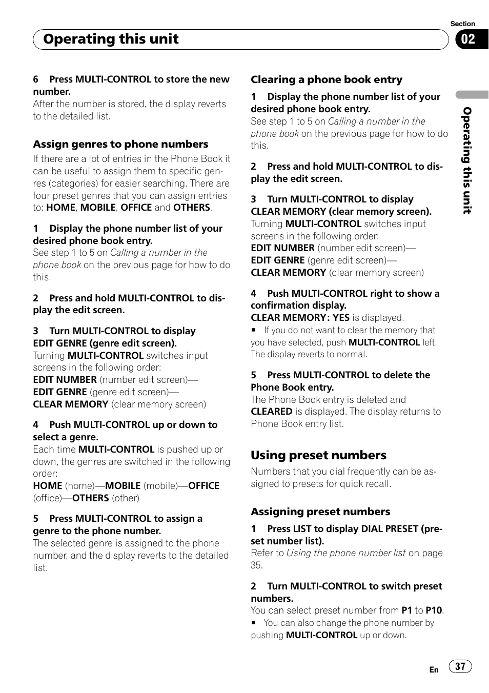 Using preset numbers 37, Operating this unit, Using preset numbers | Pioneer SUPER TUNER III D FH-P8000BT User Manual | Page 37 / 80