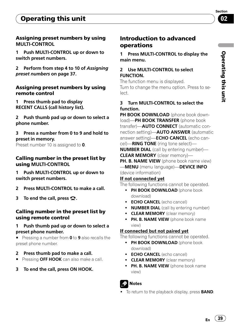 Introduction to advanced, Operations, Operating this unit | Introduction to advanced operations | Pioneer SUPER TUNER III D FH-P8000BT User Manual | Page 39 / 80