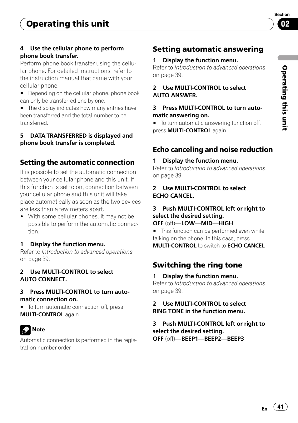 Setting the automatic connection 41, Setting automatic answering 41, Echo canceling and noise | Reduction, Switching the ring tone 41, Operating this unit, Setting the automatic connection, Setting automatic answering, Echo canceling and noise reduction, Switching the ring tone | Pioneer SUPER TUNER III D FH-P8000BT User Manual | Page 41 / 80