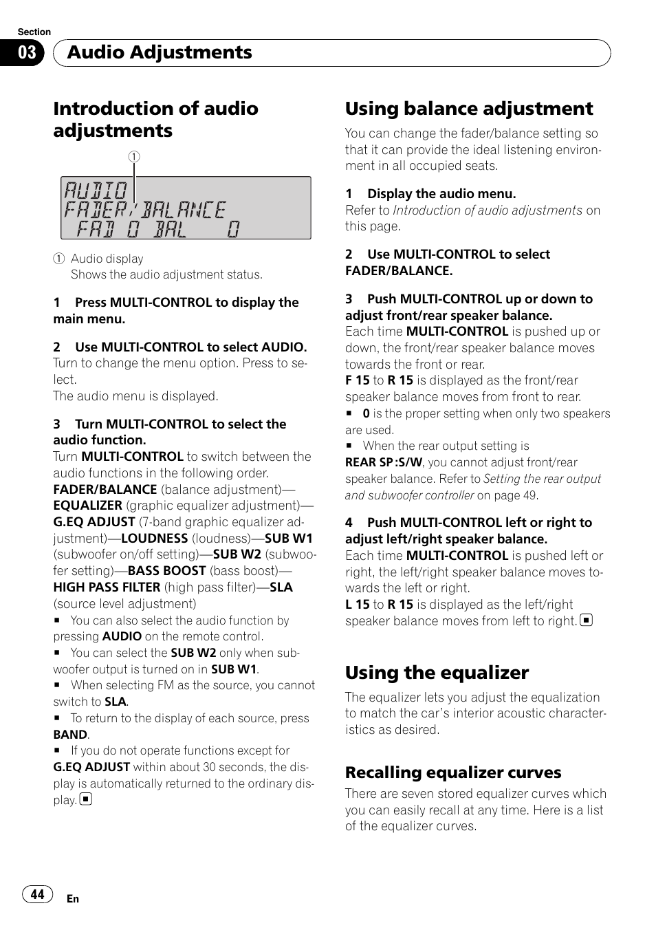 Using balance adjustment, Using the equalizer, Recalling equalizer curves 44 | Introduction of audio adjustments, Audio adjustments, Recalling equalizer curves | Pioneer SUPER TUNER III D FH-P8000BT User Manual | Page 44 / 80