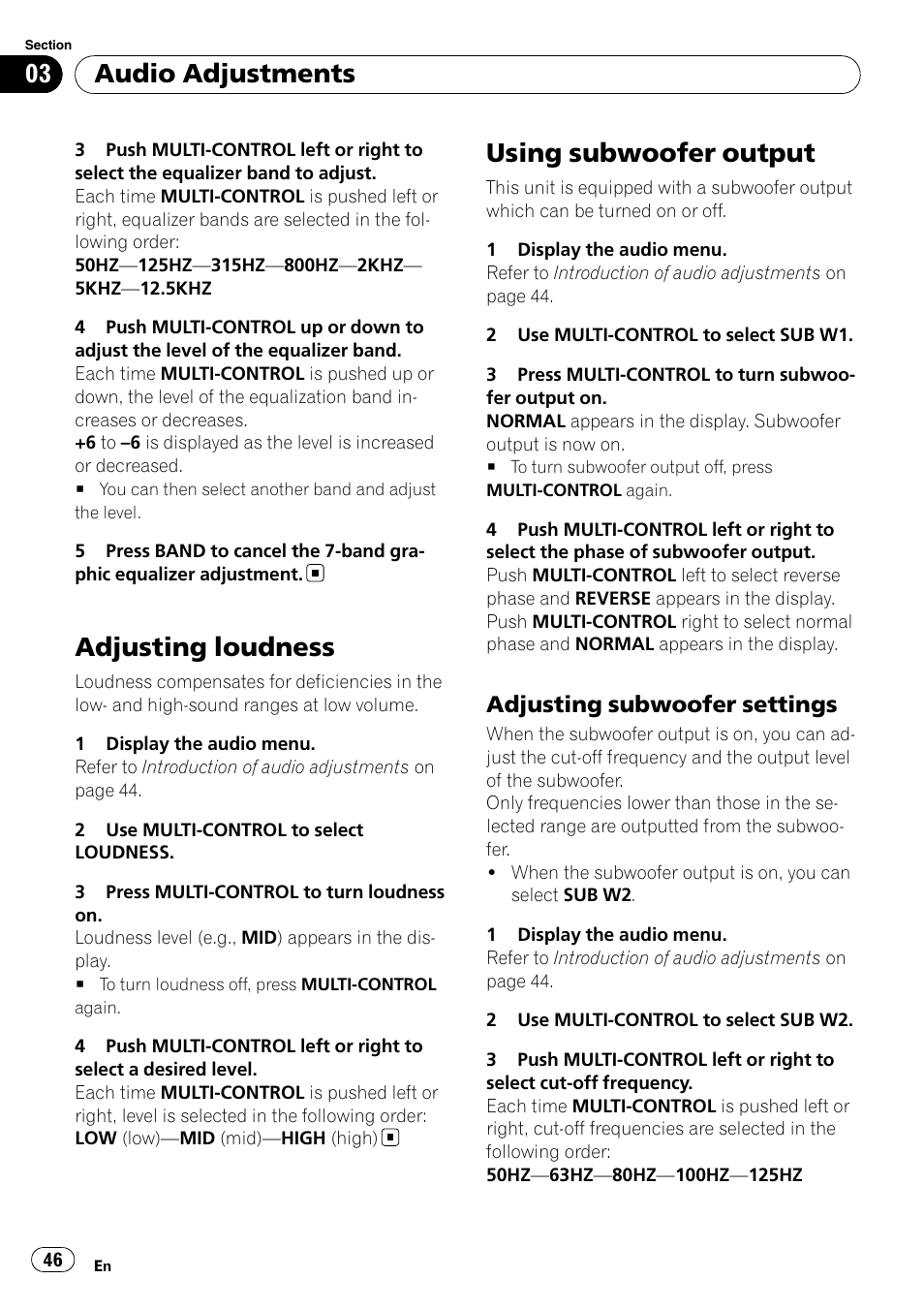 Adjusting loudness, Using subwoofer output, Adjusting subwoofer settings 46 | Audio adjustments, Adjusting subwoofer settings | Pioneer SUPER TUNER III D FH-P8000BT User Manual | Page 46 / 80