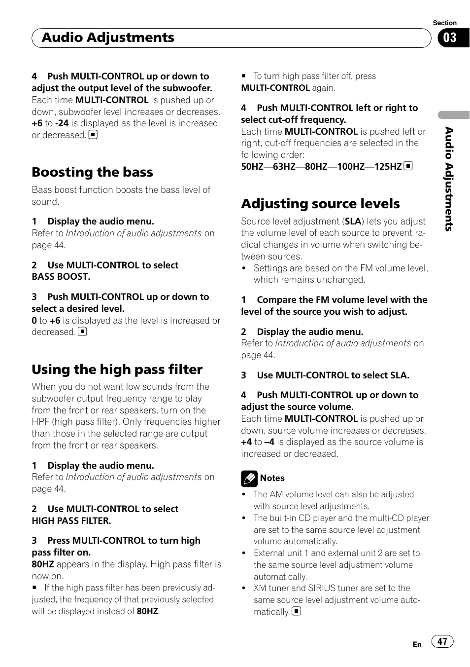 Boosting the bass, Using the high pass filter, Adjusting source levels | Audio adjustments | Pioneer SUPER TUNER III D FH-P8000BT User Manual | Page 47 / 80