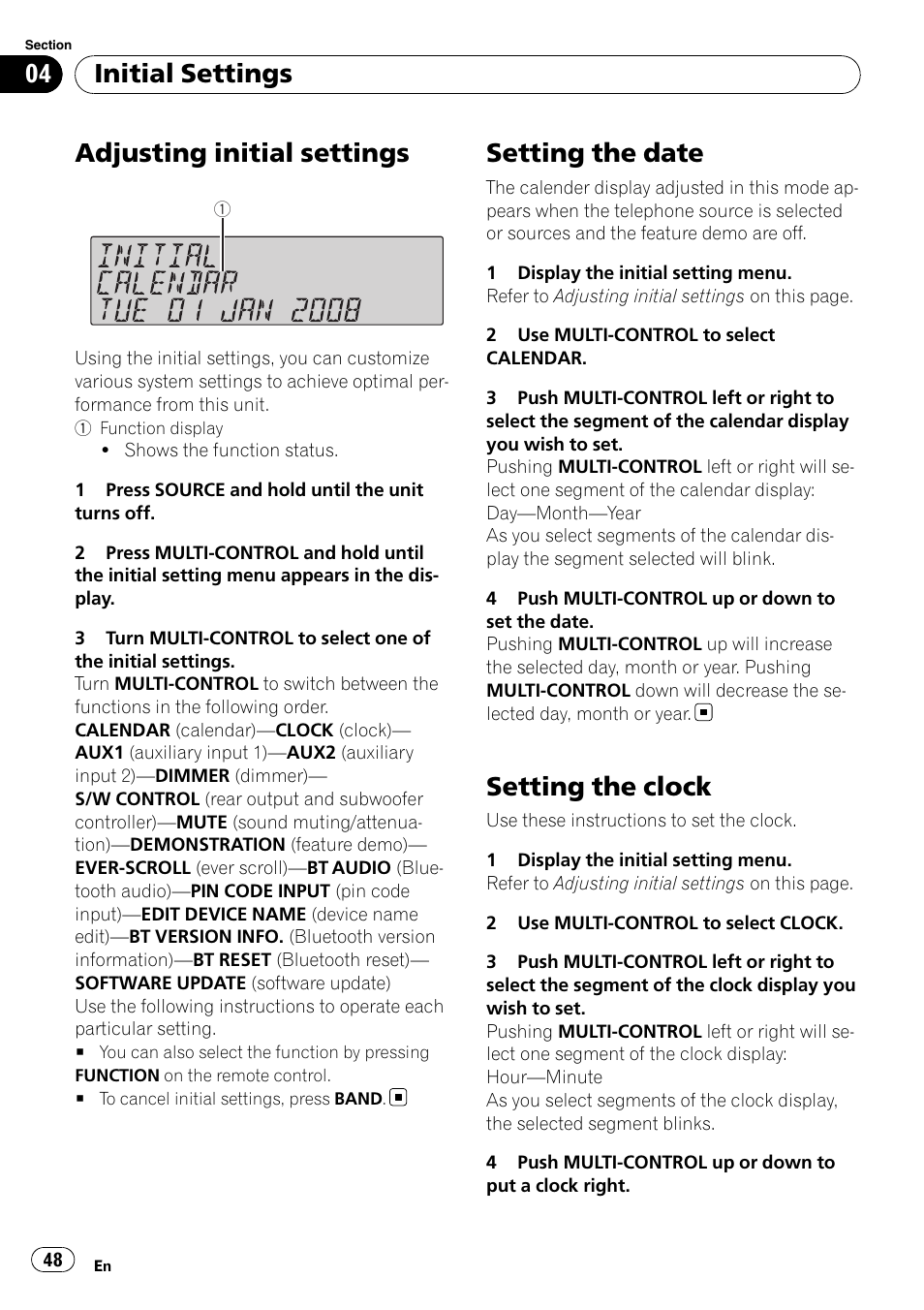 Initial settings adjusting initial settings, Setting the date, Setting the clock | Adjusting initial settings, Initial settings | Pioneer SUPER TUNER III D FH-P8000BT User Manual | Page 48 / 80