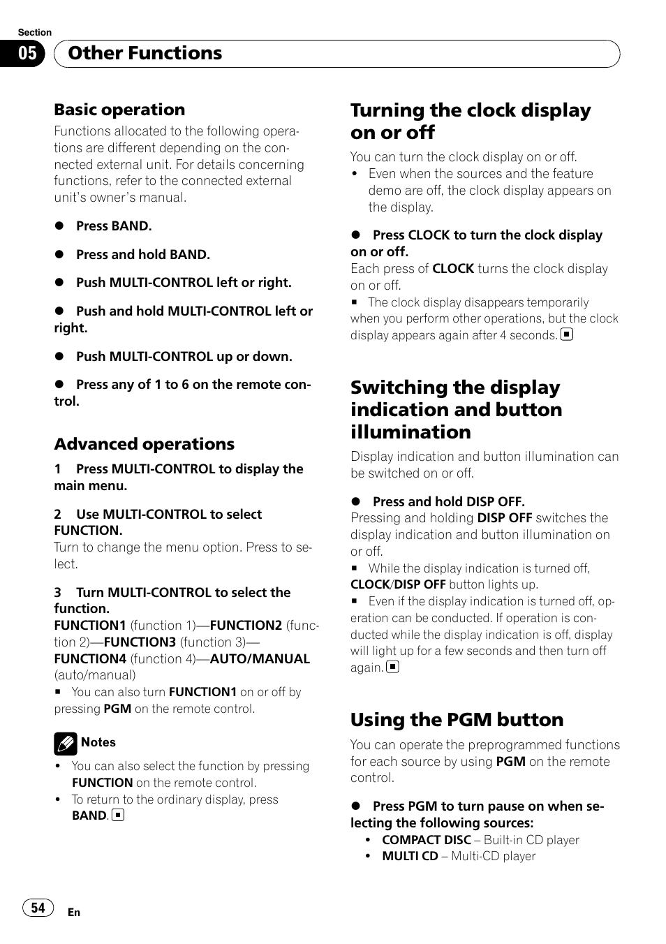 Basic operation 54, Advanced operations 54, Turning the clock display on or off | Switching the display indication and button, Illumination, Using the pgm button, Other functions, Basic operation, Advanced operations | Pioneer SUPER TUNER III D FH-P8000BT User Manual | Page 54 / 80