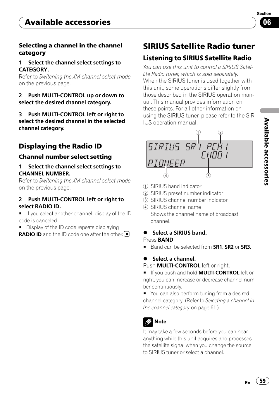 Displaying the radio id 59, Sirius satellite radio tuner, Listening to sirius satellite radio 59 | Available accessories | Pioneer SUPER TUNER III D FH-P8000BT User Manual | Page 59 / 80