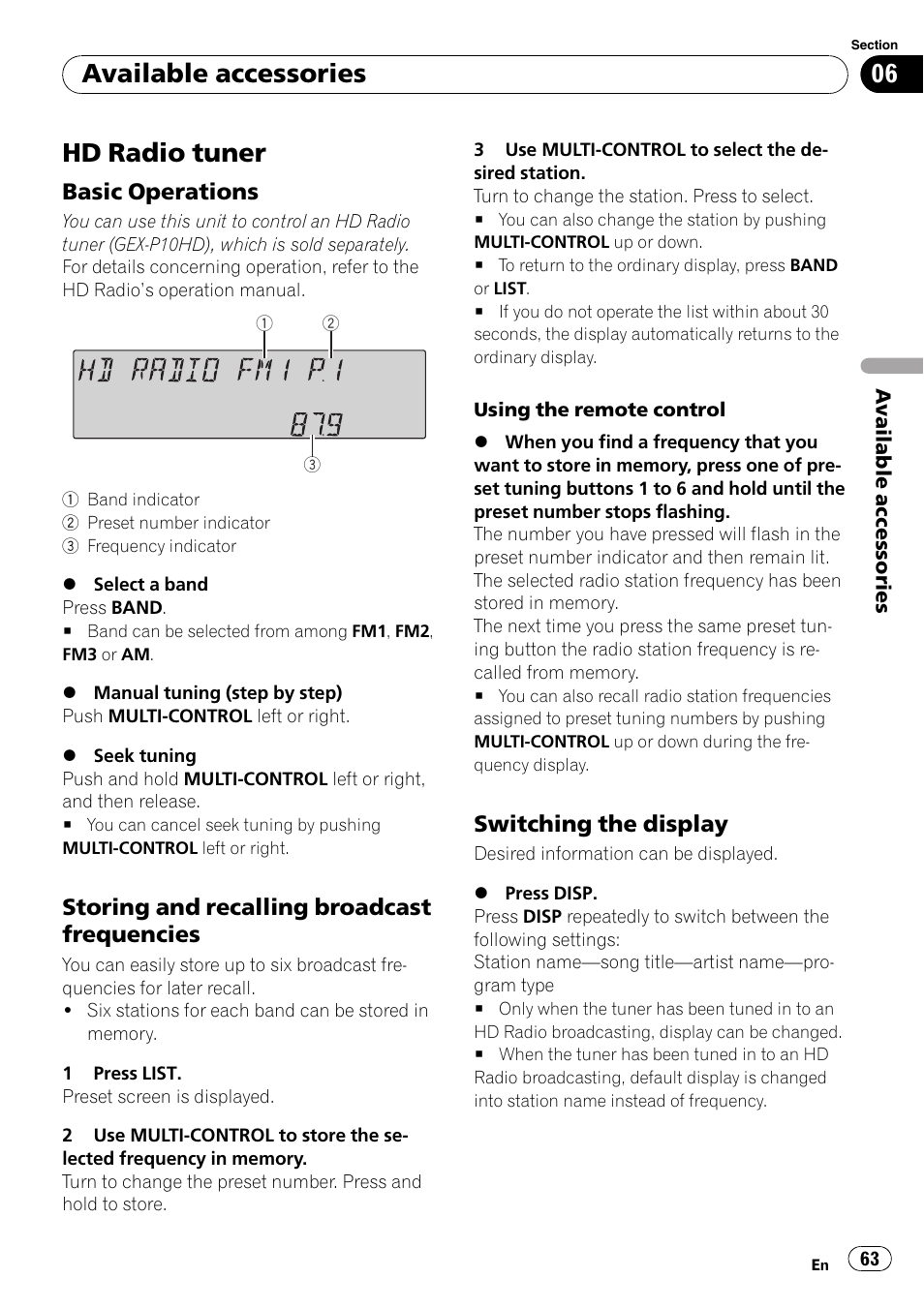 Hd radio tuner, Basic operations 63, Storing and recalling broadcast | Frequencies, Switching the display 63, Available accessories, Basic operations, Storing and recalling broadcast frequencies, Switching the display | Pioneer SUPER TUNER III D FH-P8000BT User Manual | Page 63 / 80