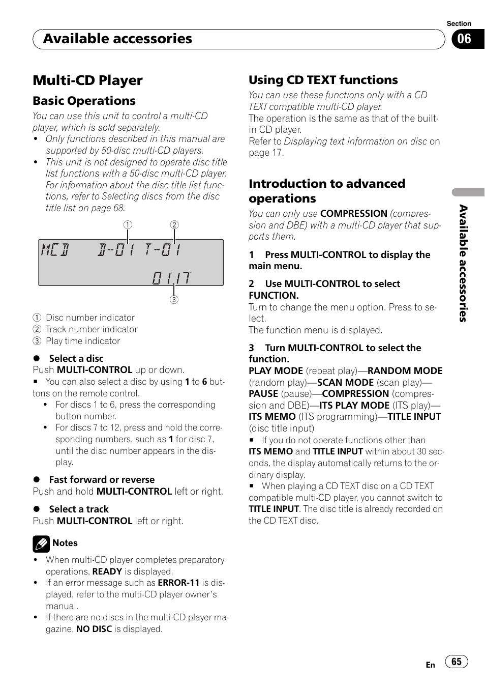 Multi-cd player, Basic operations 65, Using cd text functions 65 | Introduction to advanced, Operations, Available accessories, Basic operations, Using cd text functions, Introduction to advanced operations | Pioneer SUPER TUNER III D FH-P8000BT User Manual | Page 65 / 80