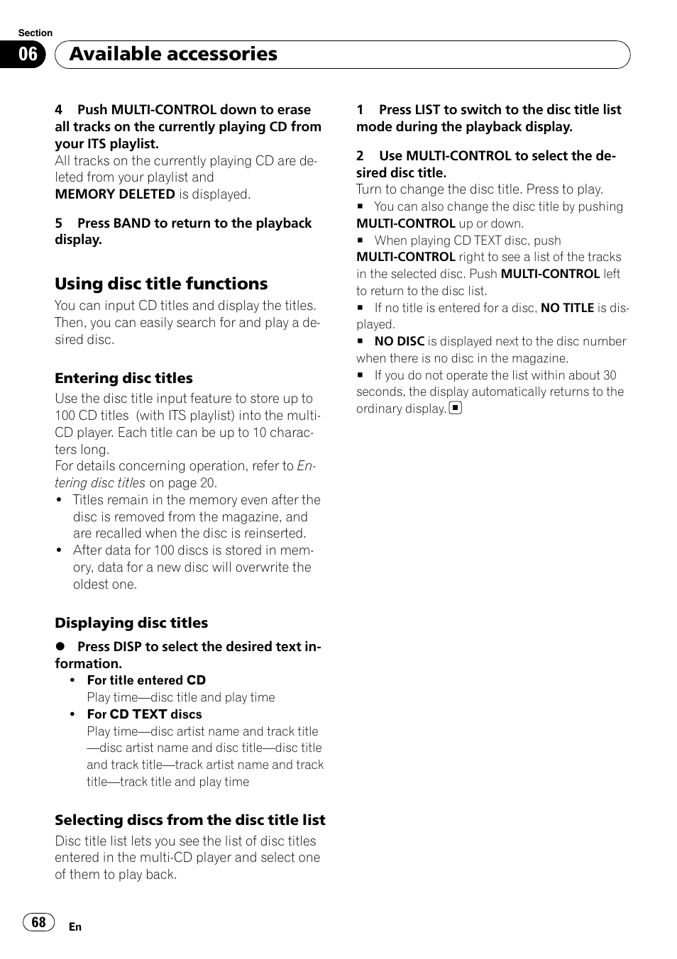 Using disc title functions 68, Available accessories, Using disc title functions | Pioneer SUPER TUNER III D FH-P8000BT User Manual | Page 68 / 80