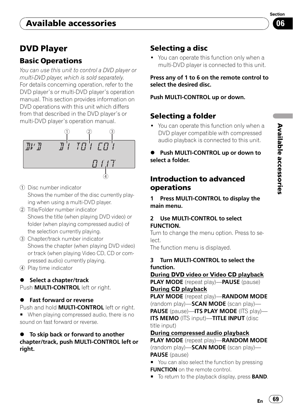 Dvd player, Basic operations 69, Selecting a disc 69 | Selecting a folder 69, Introduction to advanced, Operations, Available accessories, Basic operations, Selecting a disc, Selecting a folder | Pioneer SUPER TUNER III D FH-P8000BT User Manual | Page 69 / 80
