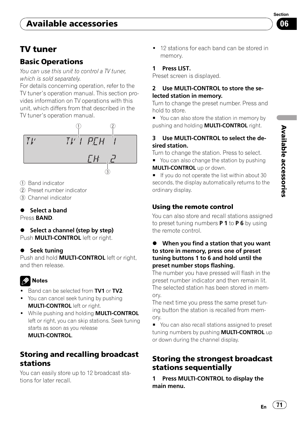 Tv tuner, Basic operations 71, Storing and recalling broadcast | Stations, Storing the strongest broadcast, Stations sequentially, Available accessories, Basic operations, Storing and recalling broadcast stations | Pioneer SUPER TUNER III D FH-P8000BT User Manual | Page 71 / 80