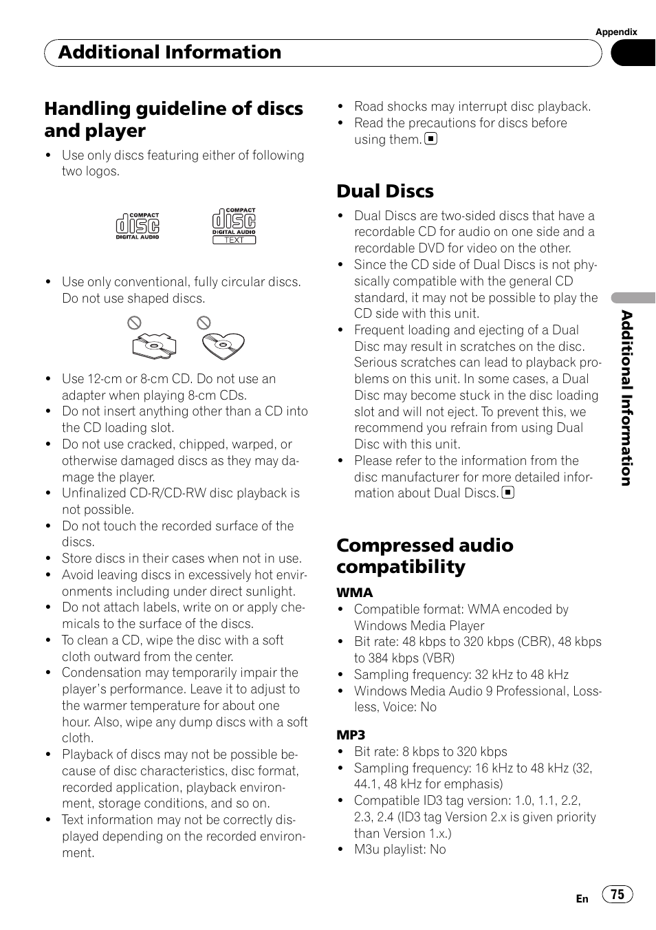 Handling guideline of discs and player, Dual discs, Compressed audio compatibility | Additional information | Pioneer SUPER TUNER III D FH-P8000BT User Manual | Page 75 / 80
