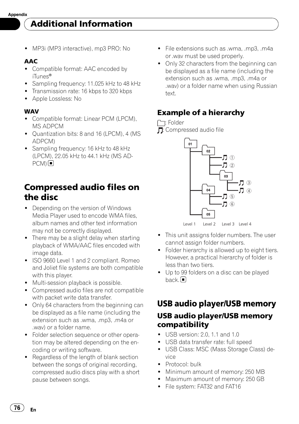 Compressed audio files on the disc, Example of a hierarchy 76, Usb audio player/usb memory | Compatibility, Additional information, Example of a hierarchy | Pioneer SUPER TUNER III D FH-P8000BT User Manual | Page 76 / 80