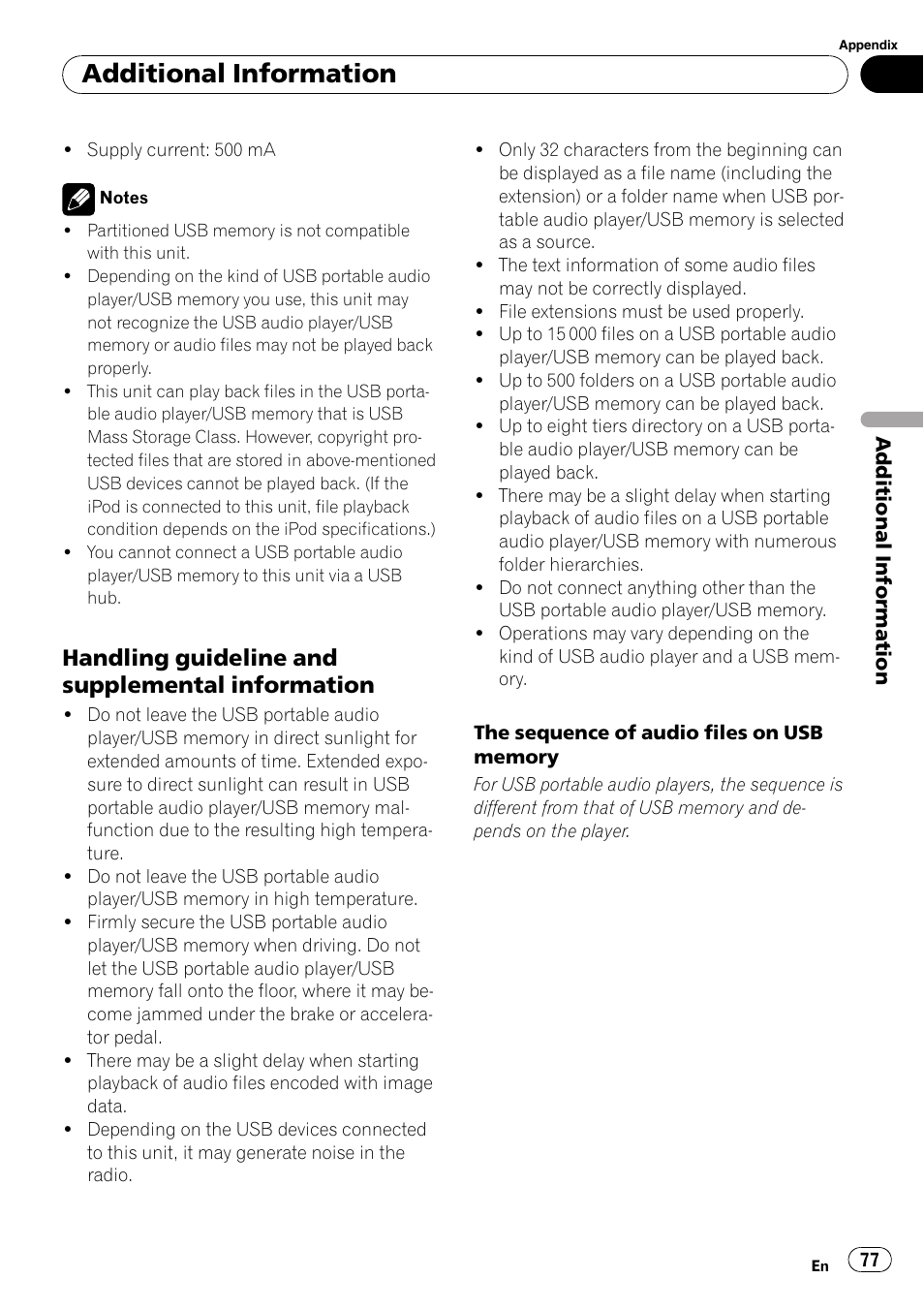 Handling guideline and supplemental, Information, Additional information | Handling guideline and supplemental information | Pioneer SUPER TUNER III D FH-P8000BT User Manual | Page 77 / 80