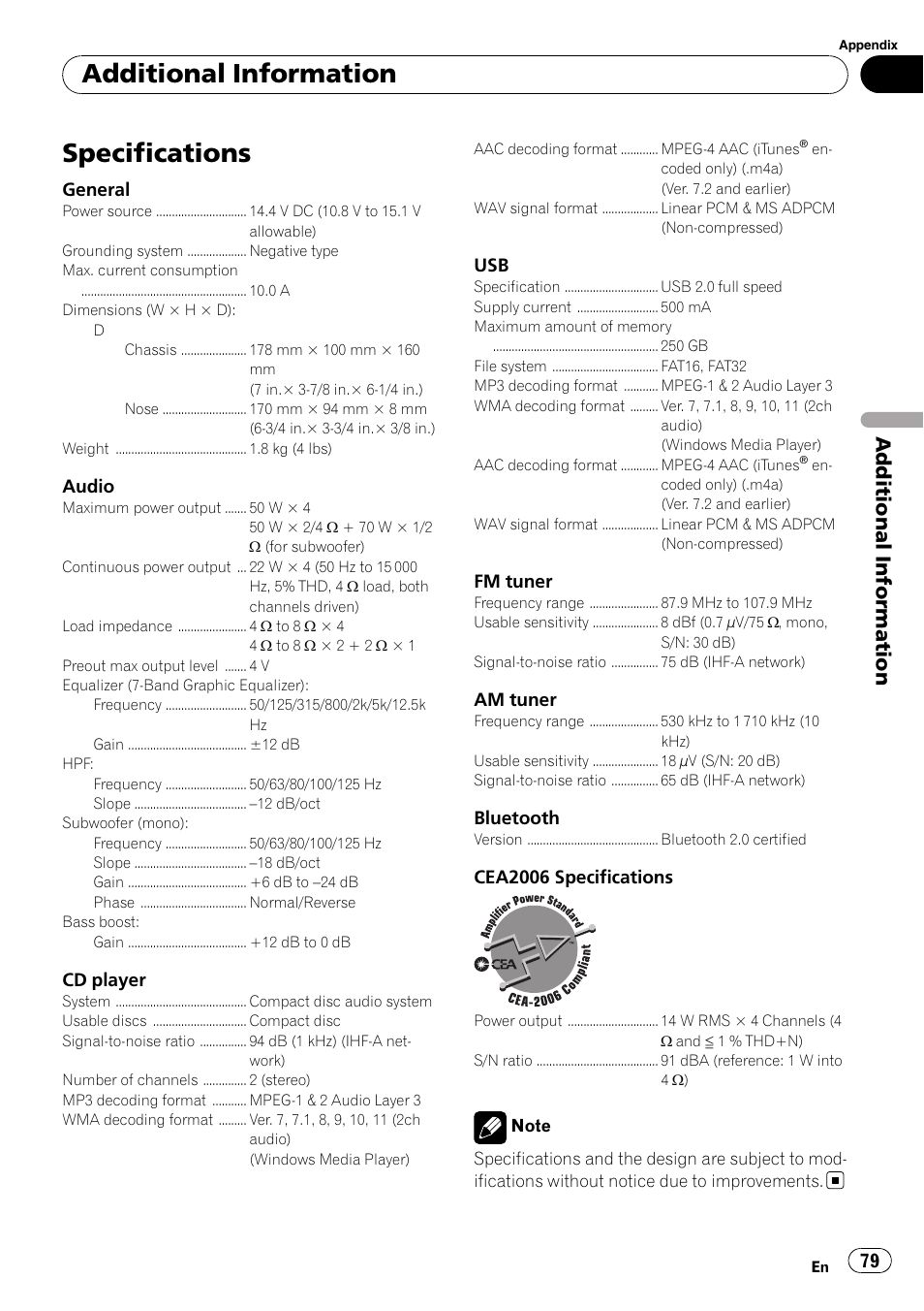 Specifications, Additional information | Pioneer SUPER TUNER III D FH-P8000BT User Manual | Page 79 / 80