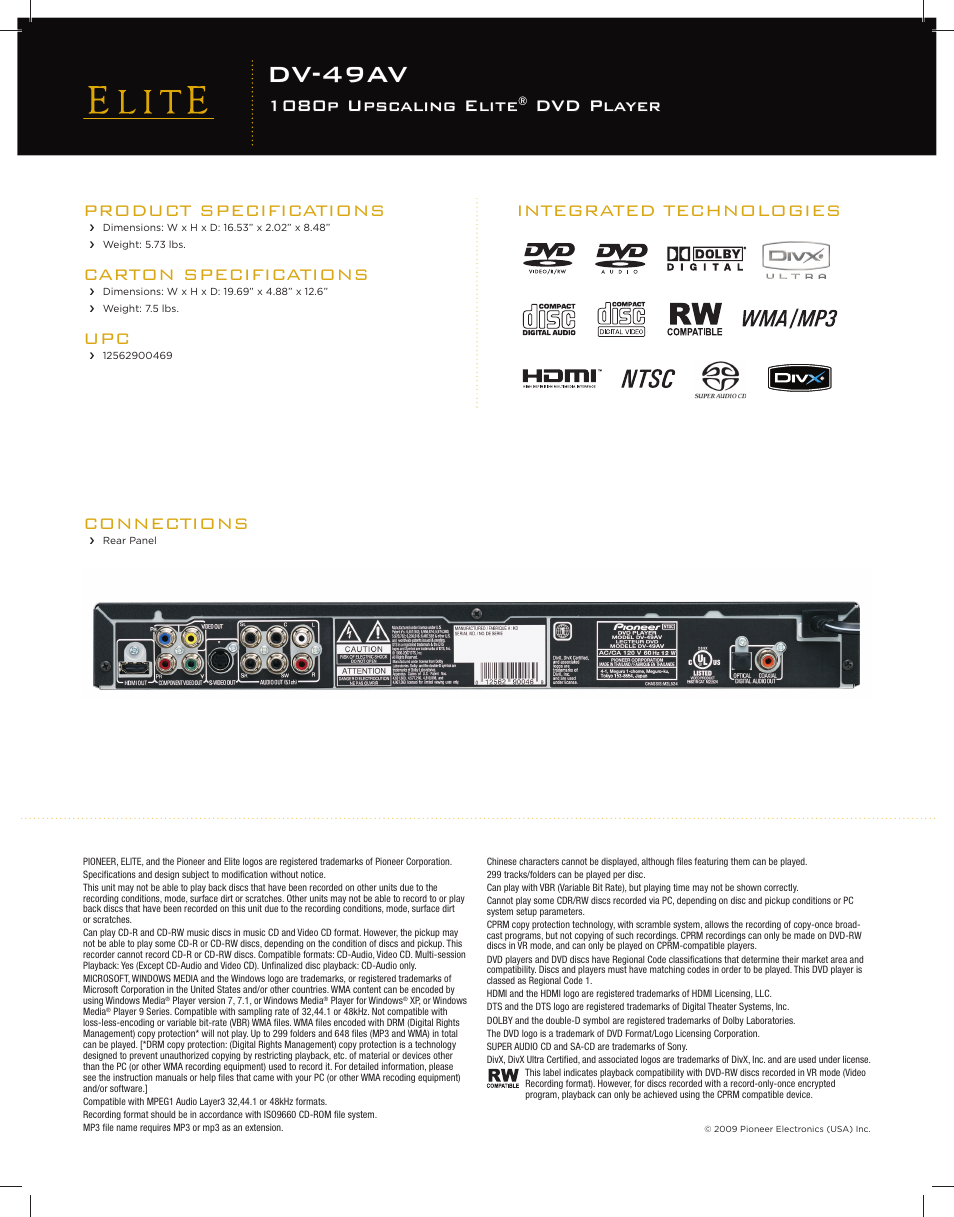 Dv-49av, Product specifications, Carton specifications | Integrated technologies connections, 1080p upscaling elite, Dvd player | Pioneer DV-49AV User Manual | Page 2 / 2