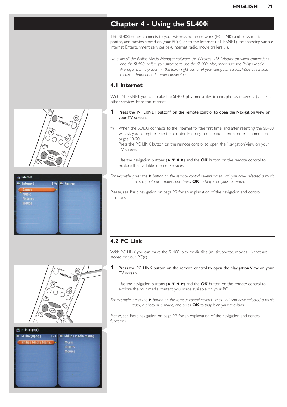 Chapter 4 - using the sl400i, 1 internet, 2 pc link | Pioneer SL400I User Manual | Page 21 / 26