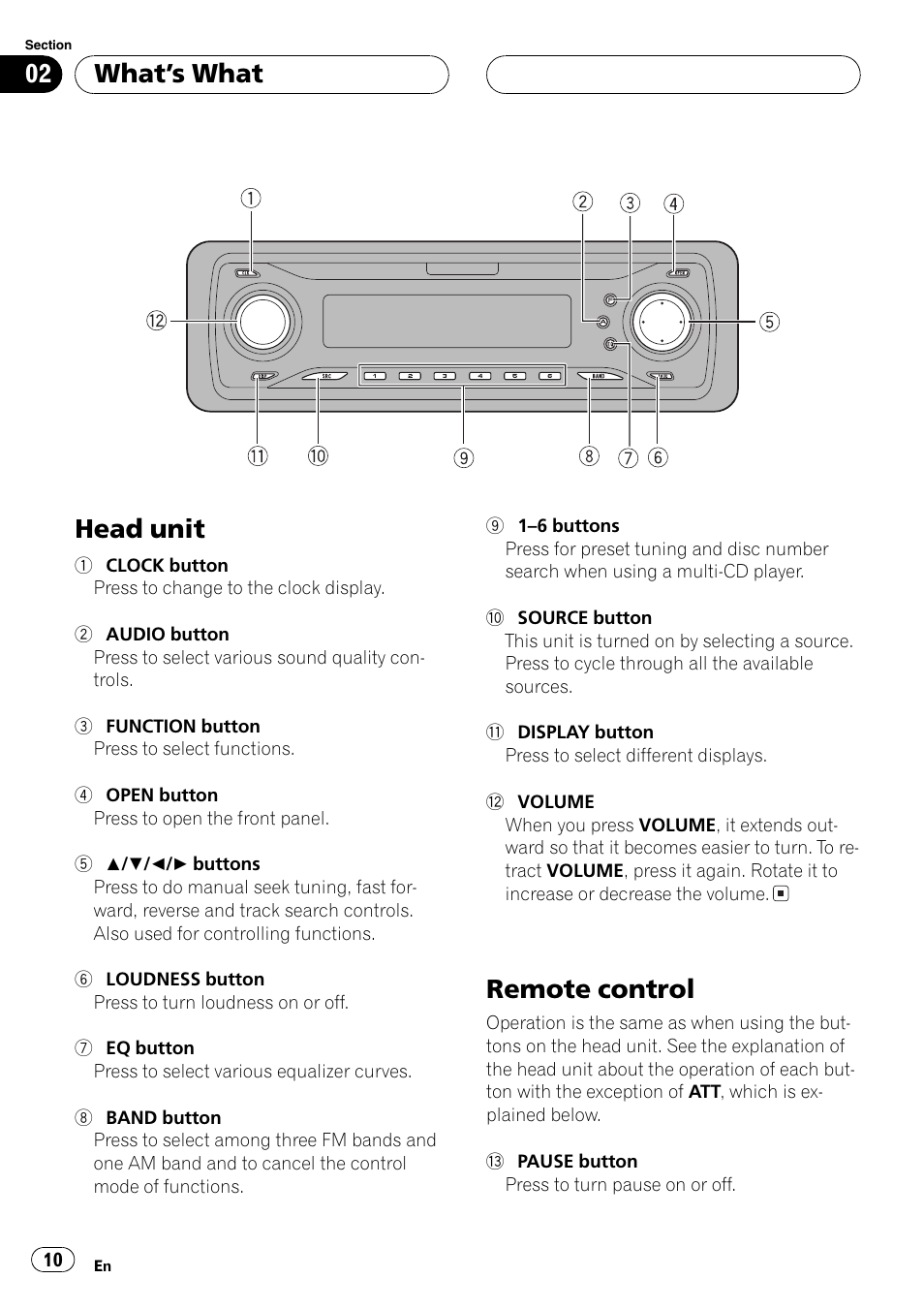 Whats what head unit 10 remote control 10, Head unit, Remote control | Whats what | Pioneer DEH-P4700MP User Manual | Page 10 / 140