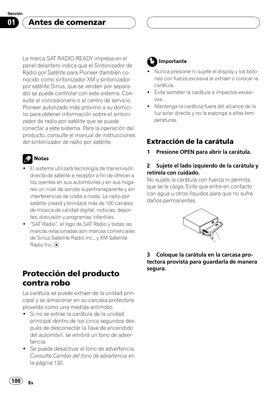 Protección del producto contra robo 100, Extracción de la carátula 100, Protección del producto contra robo | Antes de comenzar, Extracción de la carátula | Pioneer DEH-P4700MP User Manual | Page 100 / 140