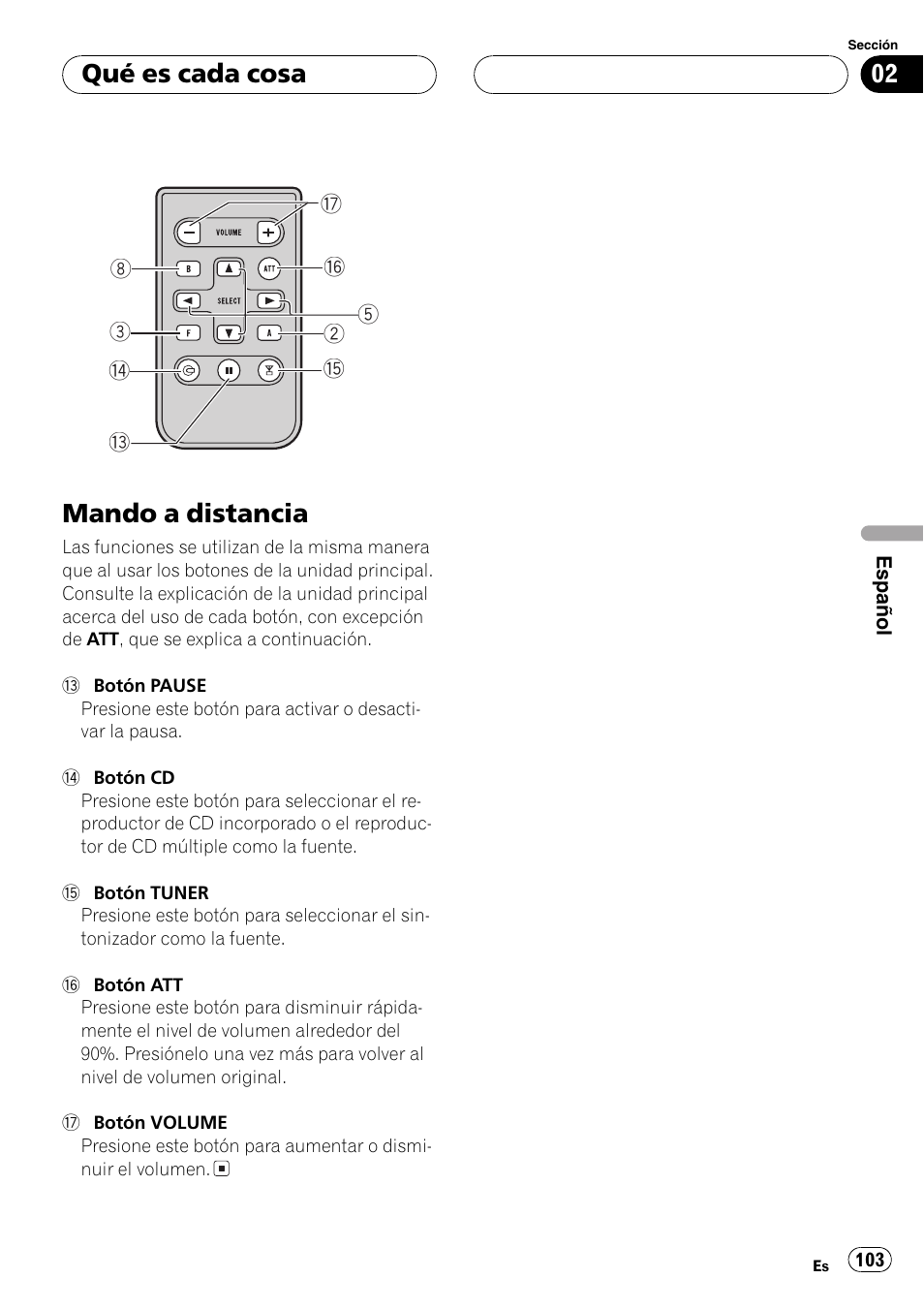 Mando a distancia 103, Mando a distancia, Qué es cada cosa | Pioneer DEH-P4700MP User Manual | Page 103 / 140