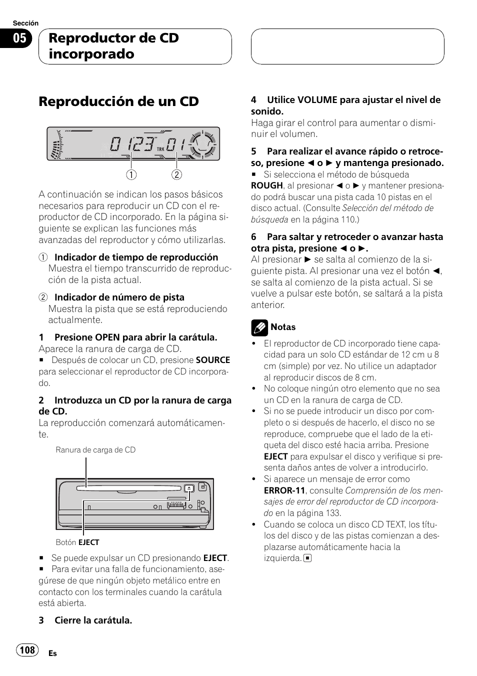 Reproductor de cd incorporado, Reproducción de un cd 108, Reproducción de un cd | Pioneer DEH-P4700MP User Manual | Page 108 / 140