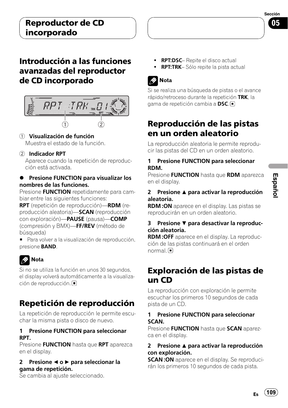 Introducción a las funciones avanzadas del, Reproductor de cd incorporado 109, Repetición de reproducción 109 | Reproducción de las pistas en un orden, Aleatorio 109, Exploración de las pistas de un cd 109, Guiente, Repetición de reproducción, Reproducción de las pistas en un orden aleatorio, Exploración de las pistas de un cd | Pioneer DEH-P4700MP User Manual | Page 109 / 140